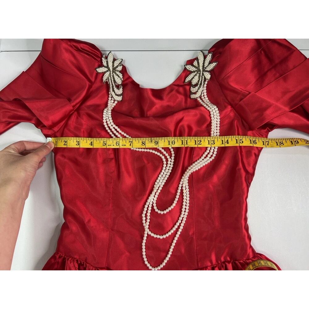 Vintage Dance Allure Red Satin Party Prom Dress Faux Pearl Appliqué Tag Sz 9/10 - Picture 12 of 13